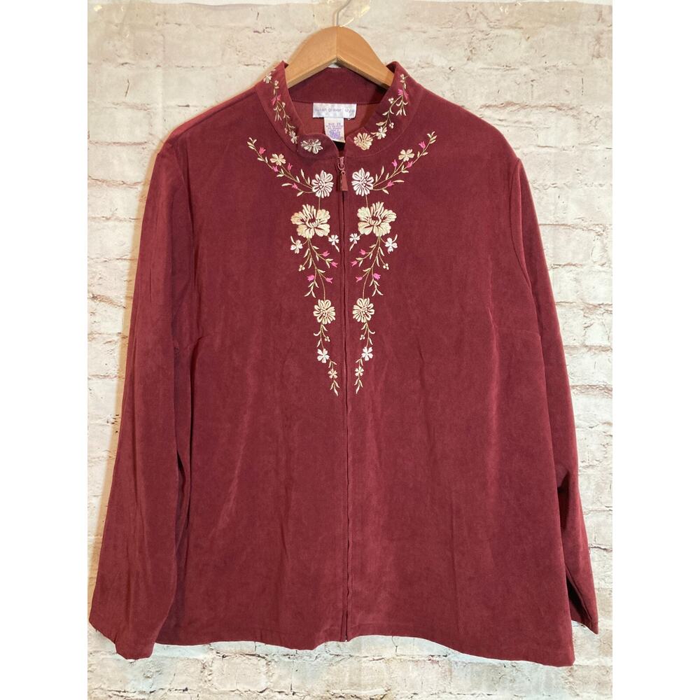 Susan‎ Graver Top Womens 2X Maroon Red Floral Embroidered Front Zip Microsuede